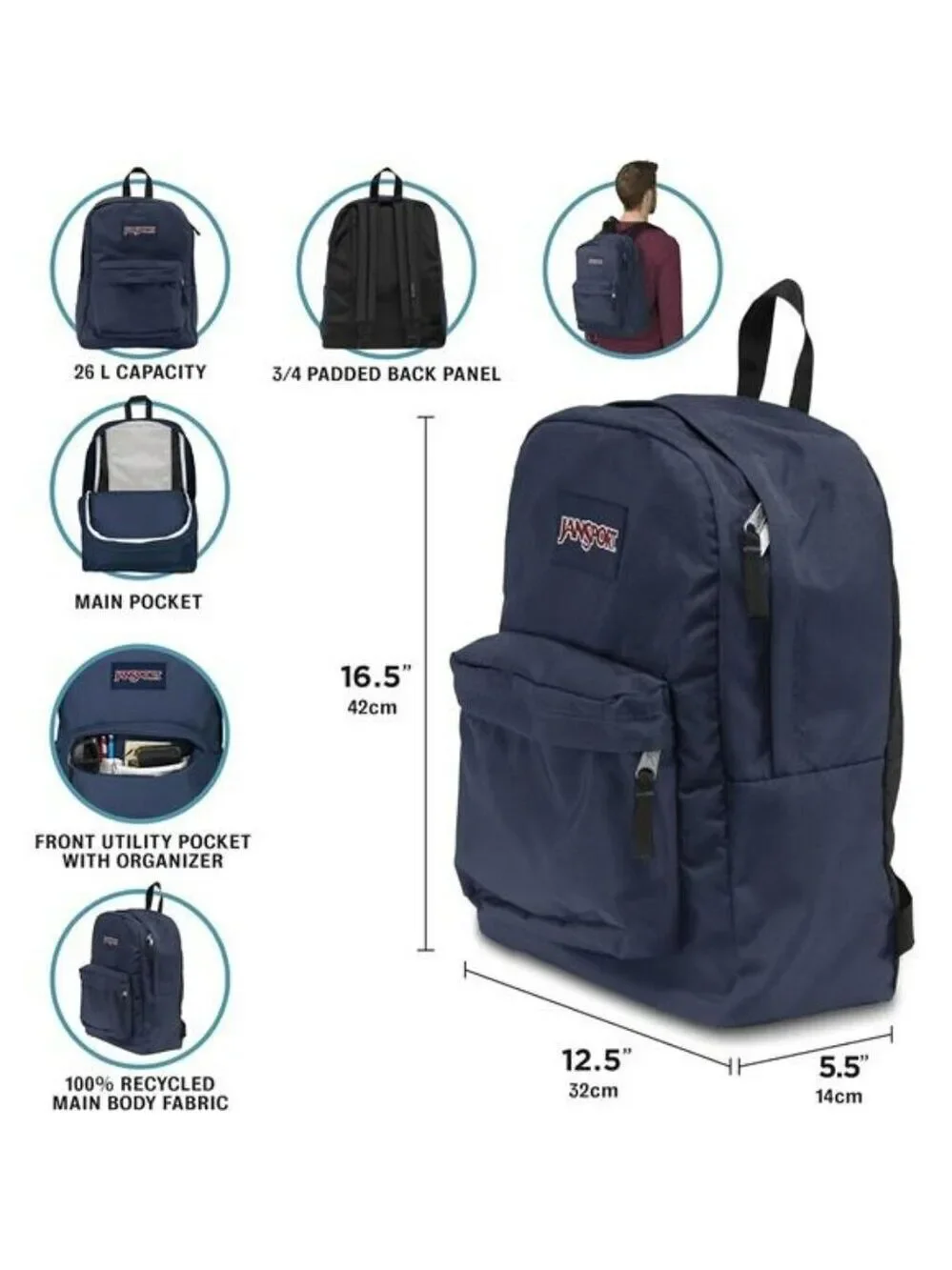 JanSport SuperBreak Backpack Black Lightweight Durable School Travel Bookbag